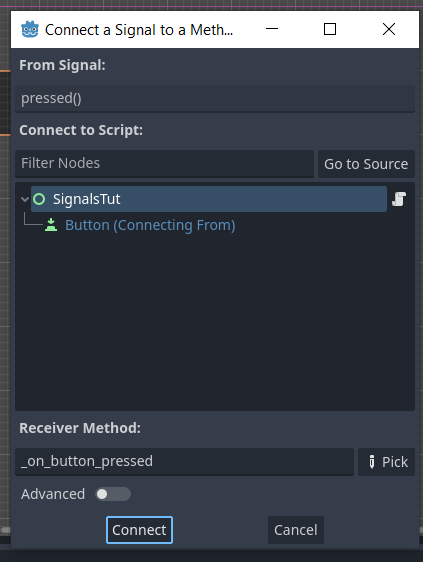 Pick "SignalsTut" and click "Connect".